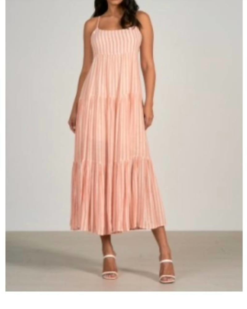 Front of a model wearing a size LARGE Maxi Dress in Coral Stripe in Coral Stripe by ELAN. | dia_product_style_image_id:334891